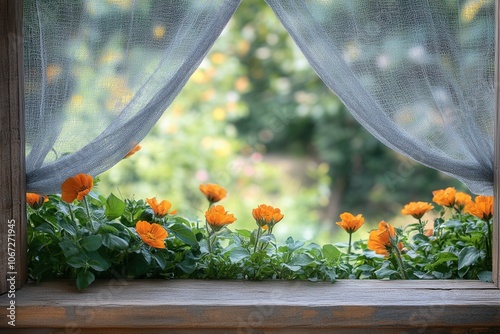 A mosquito net is tightly fitted on an open window, allowing a glimpse of a vibrant garden filled with flowering plants. The cheerful colors of flowers and lush greenery create a refreshing and inviti photo