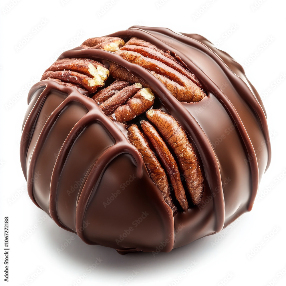 Obraz premium A gourmet chocolate praline filled with crunchy pecans, with a glossy chocolate coating, isolated on a white background, showcasing the nut pieces within