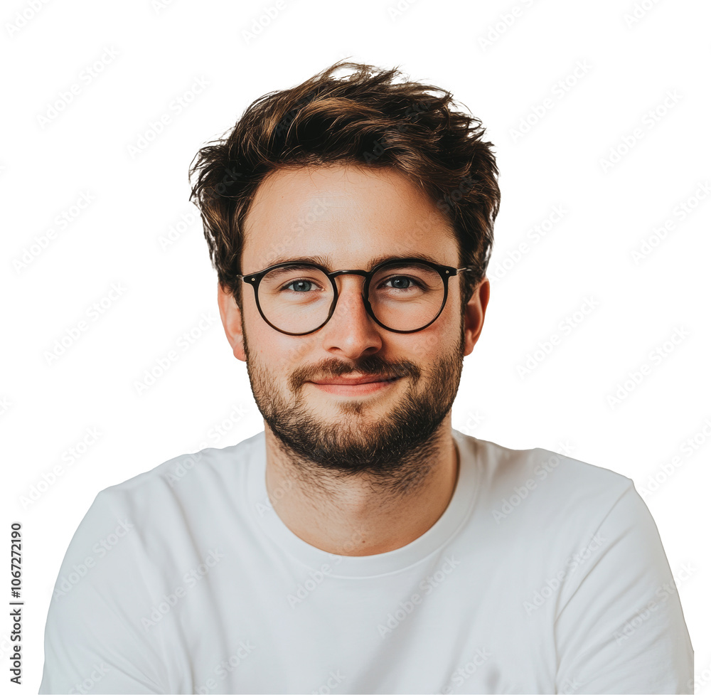 Young man wearing glasses smiles warmly indoors Young man wearing glasses smiles warmly indoors
