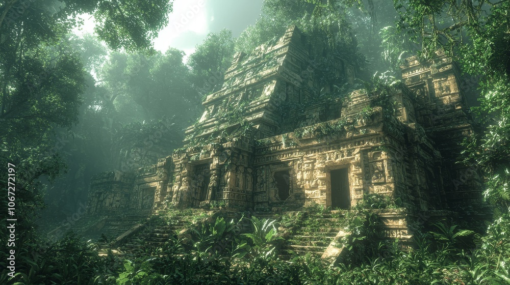 Discover the ancient ruins of a majestic temple hidden in a lush jungle landscape Discover the ancient ruins of a majestic temple hidden in a lush jungle landscape