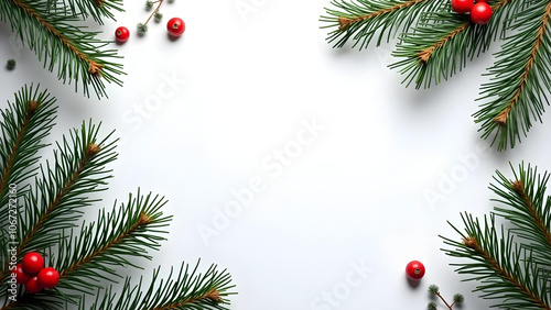 Pine branches and red berries on white.