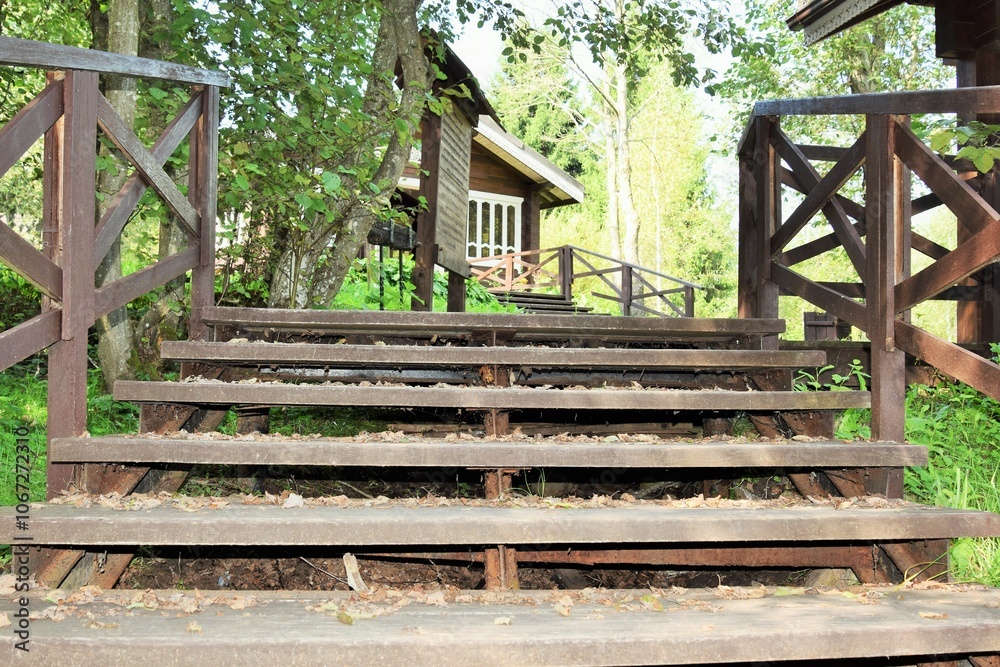 old wooden staircase in the forest on a hot summer day old wooden staircase in the forest on a hot summer day