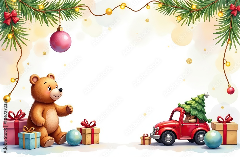 Obraz premium frame for text made from colourful kids toys, nature animals bears, toy cars, balls, cubes, with golden garland lights, on white Christmas background, festive golden bokeh