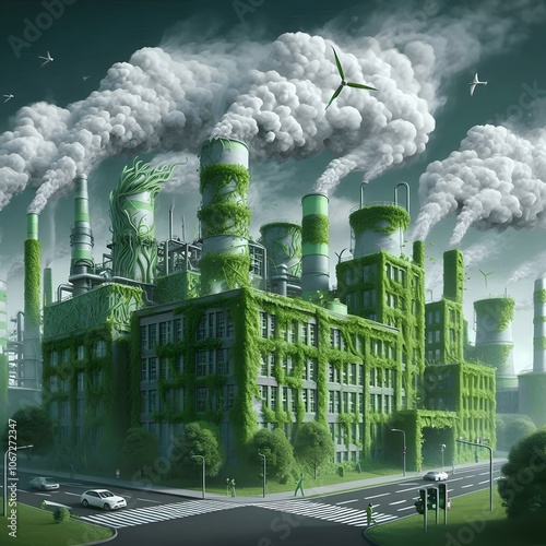 Greenwashing: A factory painted green with plant vines, but still emitting smoke, symbolizing the practice of greenwashing photo