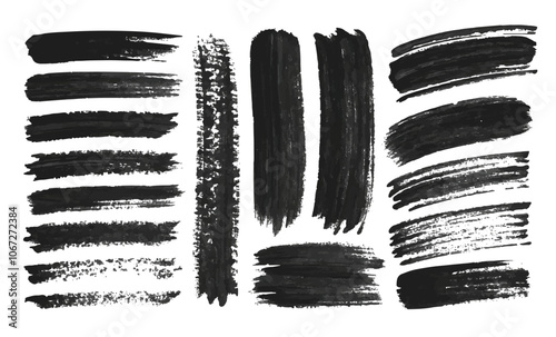 Set of black ink, brush strokes, lines, design elements, hand drawn illustration. Vector.
