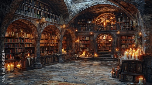 Explore the enchanted library filled with ancient tomes and flickering candles