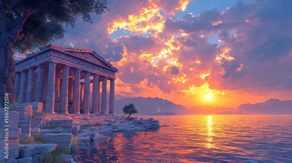 Fototapeta premium Ancient temple reflects stunning sunset over serene waters in breathtaking landscape photography