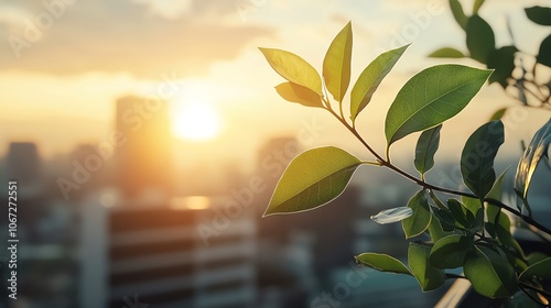 Leafy cityscape with carbonfree icons, urban zeroemissions vision photo