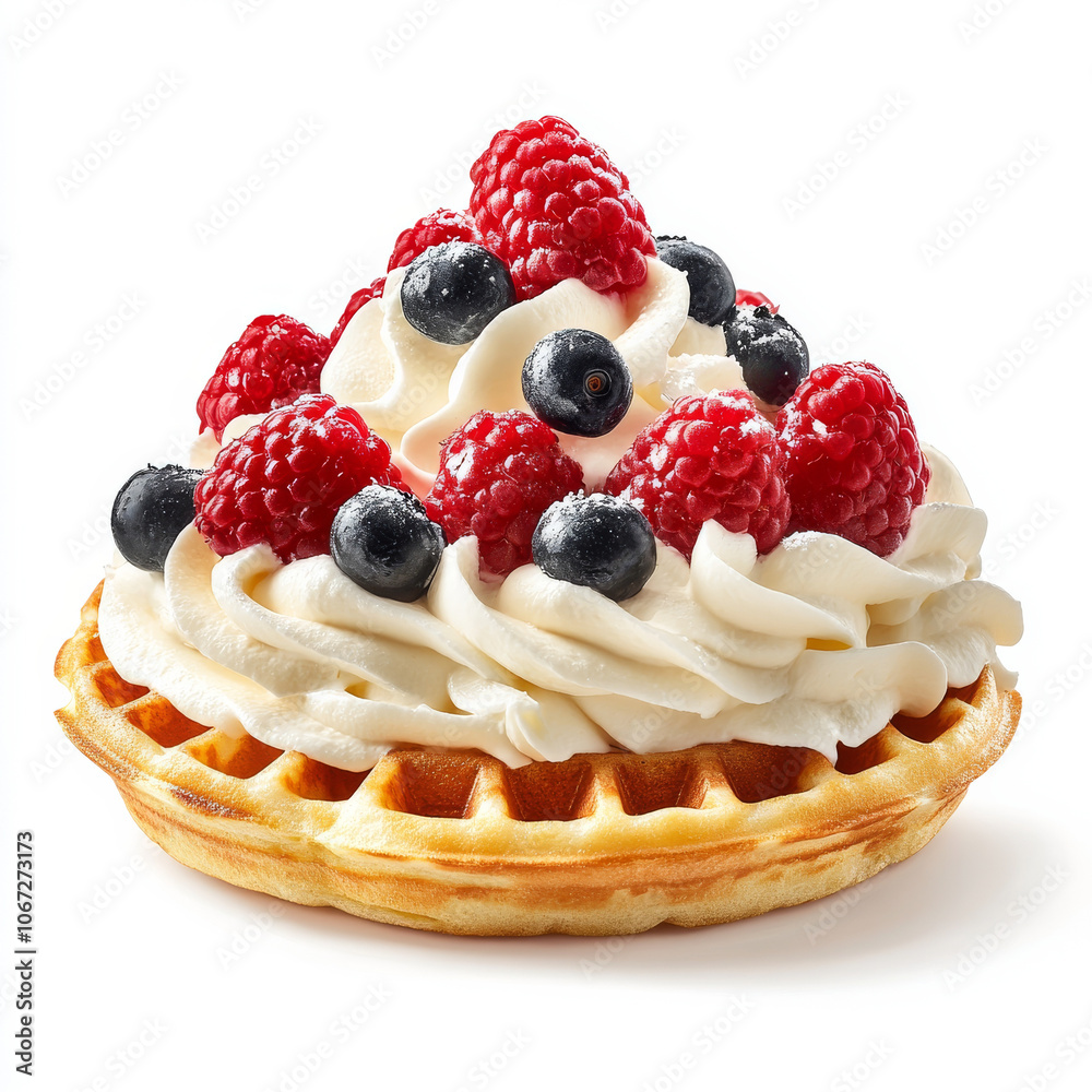 A fluffy Belgian waffle topped with whipped cream and berries, isolated on a white background, emphasizing sweetness and texture A fluffy Belgian waffle topped with whipped cream and berries, isolated on a white background, emphasizing sweetness and texture