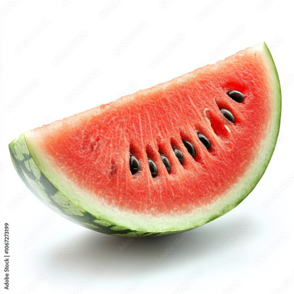 A slice of watermelon with visible seeds, isolated on a white background, emphasizing its refreshing and juicy qualities A slice of watermelon with visible seeds, isolated on a white background, emphasizing its refreshing and juicy qualities