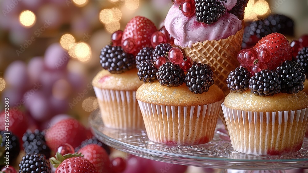 Indulge in delicious cupcakes topped with fresh berries and ice cream for a perfect treat Indulge in delicious cupcakes topped with fresh berries and ice cream for a perfect treat