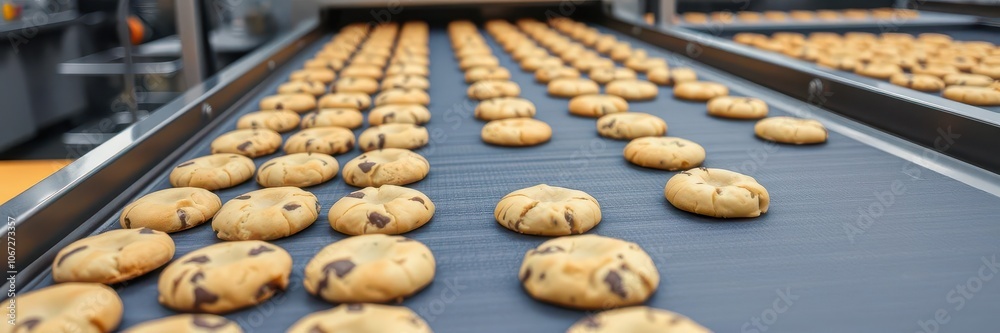 Close-up of conveyor belt moving freshly baked cookies in a factory setting, machinery, factory