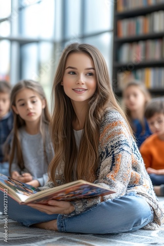 A kind teacher engages her students with a captivating story, their expressions filled with wonder and joy. The cozy classroom, illuminated by midday light, creates an inviting atmosphere for learning