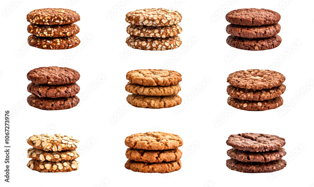 Variety of delicious cookies stacked isolate on transparent background, cutout, png Variety of delicious cookies stacked isolate on transparent background, cutout, png