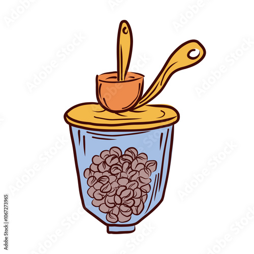 Coffee grinder with handle in flat design. Manual supply with beans cup. Vector illustration isolated.