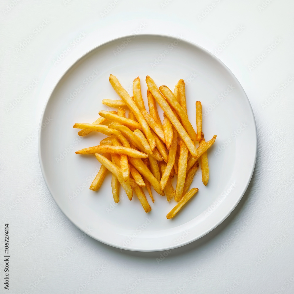 A plate of crispy french fries with golden texture, isolated on a white background, showcasing a classic and tempting snack A plate of crispy french fries with golden texture, isolated on a white background, showcasing a classic and tempting snack