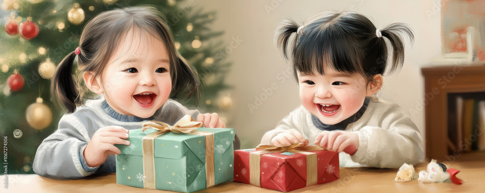 Two joyful children opening colorful presents by Christmas tree, smiling with excitement