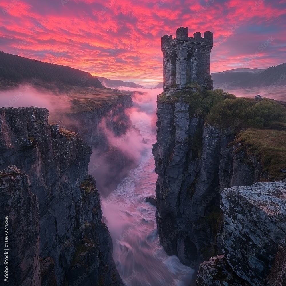 Obraz premium A solitary tower perched on a cliff amidst a vibrant sunset and mist.