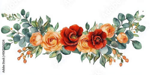 Watercolor frame with bright orange blossoms, red roses, and peach peonies intertwined with eucalyptus greenery, forming a beautiful botanical border for stationary