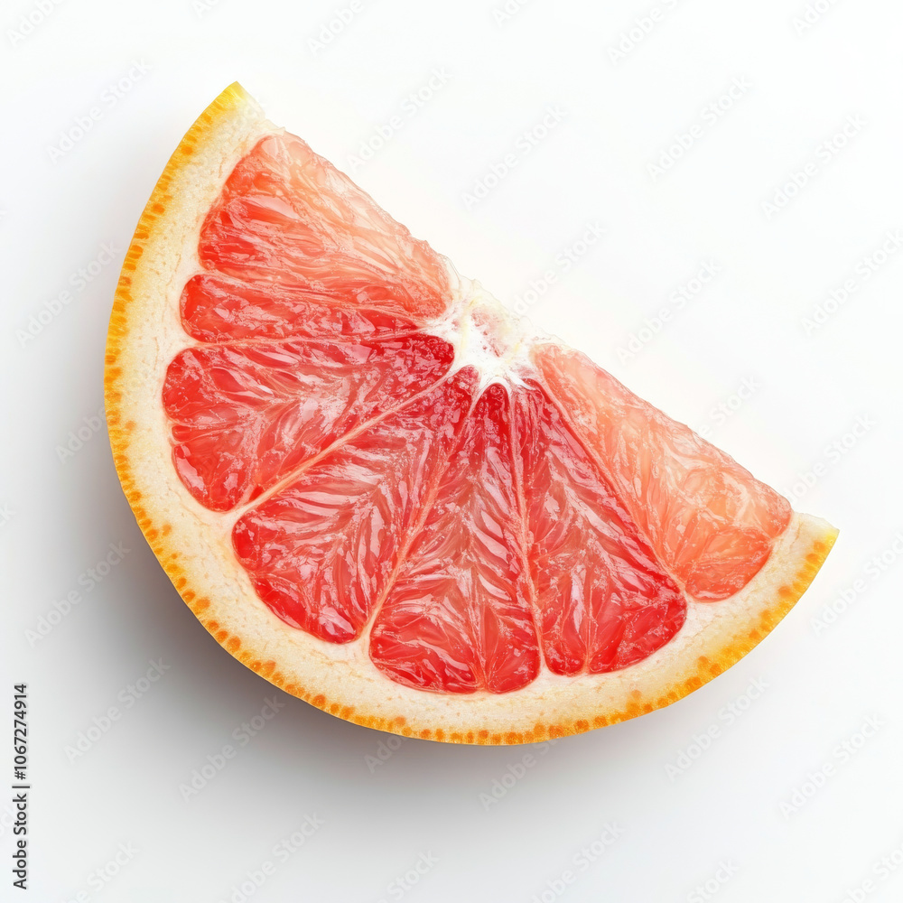 A fresh slice of grapefruit with segments, isolated on a white background, showcasing vibrant citrus appeal A fresh slice of grapefruit with segments, isolated on a white background, showcasing vibrant citrus appeal