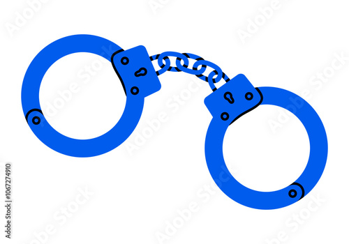 Hand drawn cute cartoon illustration of handcuffs. Flat vector arrest for crime in doodle style. Slavery or habit icon or print. Justice and law concept. Metal chain for prisoner. Isolated.