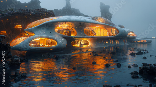 Misty futuristic waterfront building with sleek glowing windows and reflected warm lighting on the water, Generative AI