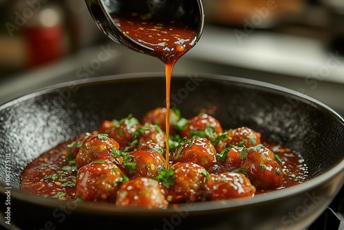 A rich, vibrant harissa sauce cascades over tender meatballs, garnished with fresh herbs, showcasing the beauty of Indian cuisine. The moment captures the essence of flavor and craftsmanship in a bust photo