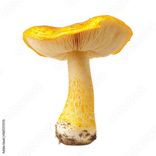 Close-up of yellow mushroom with detailed gills and textured stem on transparent background.