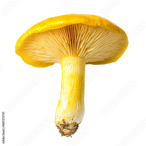 Macro shot of yellow mushroom cap and gills isolated on transparent background.