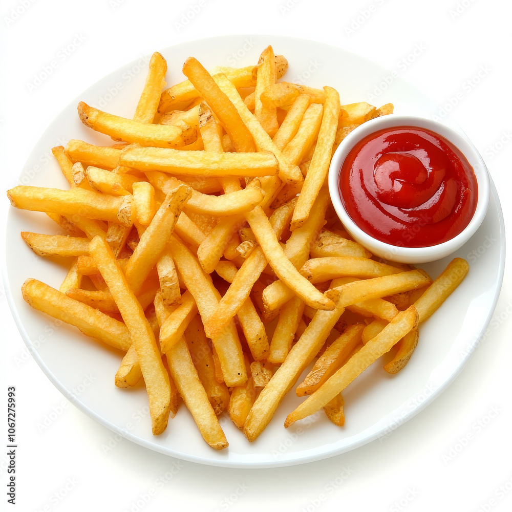 A plate of French fries with ketchup on the side, isolated on a white background, showcasing their golden color and crispy texture A plate of French fries with ketchup on the side, isolated on a white background, showcasing their golden color and crispy texture