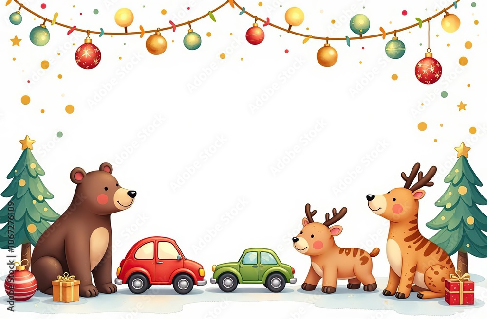 Naklejka premium frame for text made from colourful kids toys, nature animals bears, toy cars, balls, cubes, with golden garland lights, on white Christmas background, festive golden bokeh