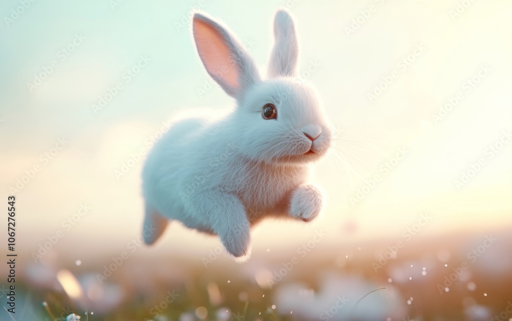 Sweet bunny leaping through the air, spring meadow, 3D render Sweet bunny leaping through the air, spring meadow, 3D render