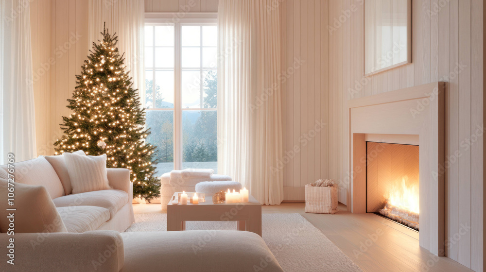 Fototapeta premium cozy living room featuring beautifully decorated Christmas tree, soft lighting, and warm fireplace creates serene holiday atmosphere
