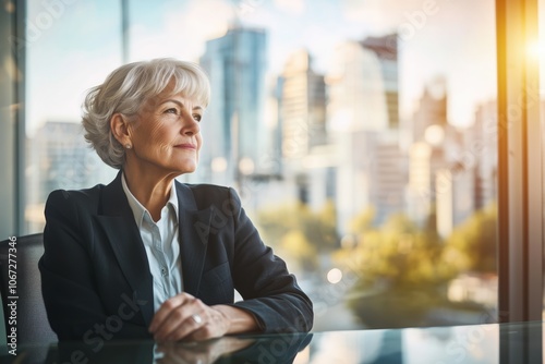 Executive Visionary: A thoughtful senior businesswoman gazes out at the cityscape, contemplating the future with quiet confidence and determination. This image evokes ambition, wisdom, and leadership.