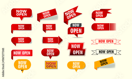 Set of open now text, badge, tag, label, icon, banner element vector illustration design for business and marketing.
