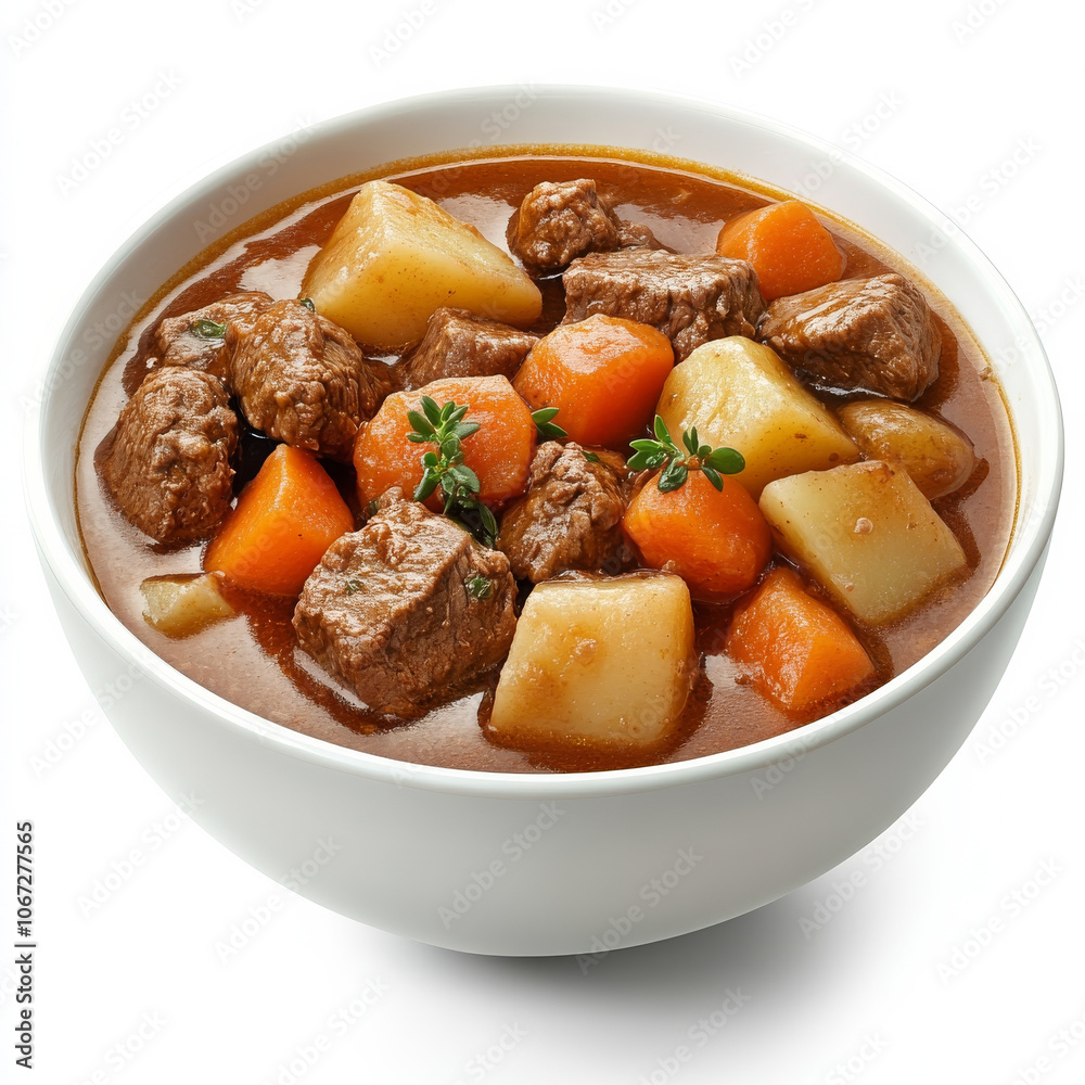 A bowl of hearty beef stew with carrots and potatoes, isolated on a white background, showcasing a warm and filling meal A bowl of hearty beef stew with carrots and potatoes, isolated on a white background, showcasing a warm and filling meal