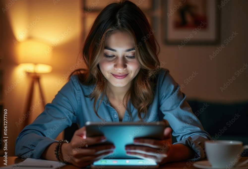 A young woman enjoys her tablet, illuminated by soft lighting in her peaceful living room. A young woman enjoys her tablet, illuminated by soft lighting in her peaceful living room.