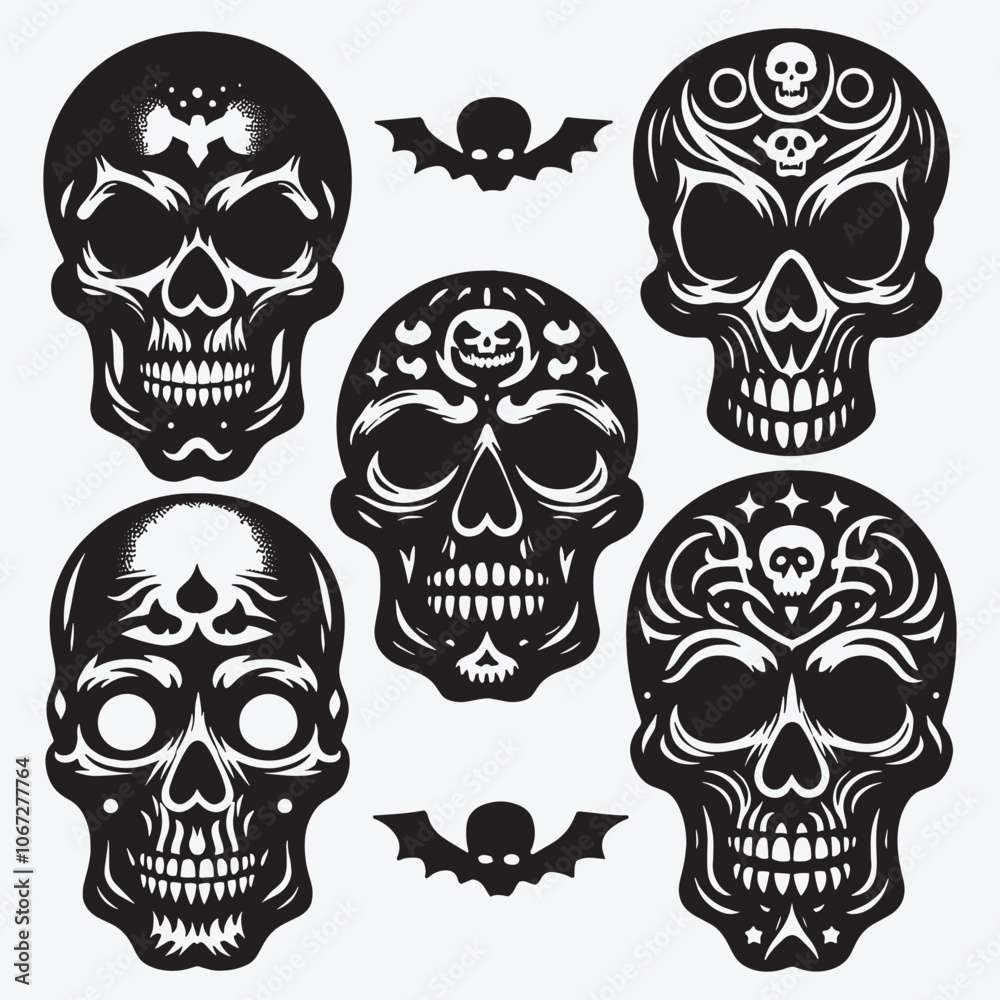Fototapeta premium Skull Silhouettes Bundle Clip Art Vector Illustration Isolated on White Background