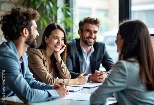 A business team discusses strategies and ideas while seated at a conference table.