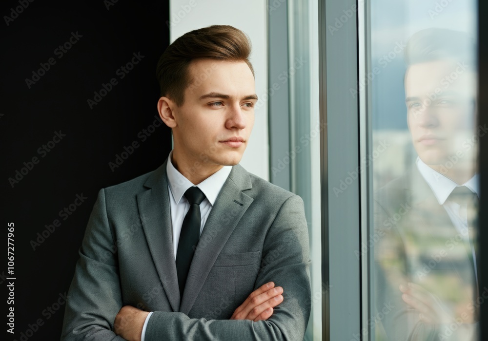 Portrait of a young businessman looking out of a window Portrait of a young businessman looking out of a window