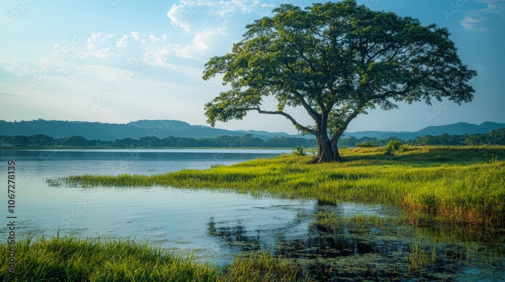 A tranquil lakeside scene features a majestic tree beside calm waters, with lush greenery and distant hills in the background, Ideal for nature-themed projects, meditation A tranquil lakeside scene features a majestic tree beside calm waters, with lush greenery and distant hills in the background, Ideal for nature-themed projects, meditation