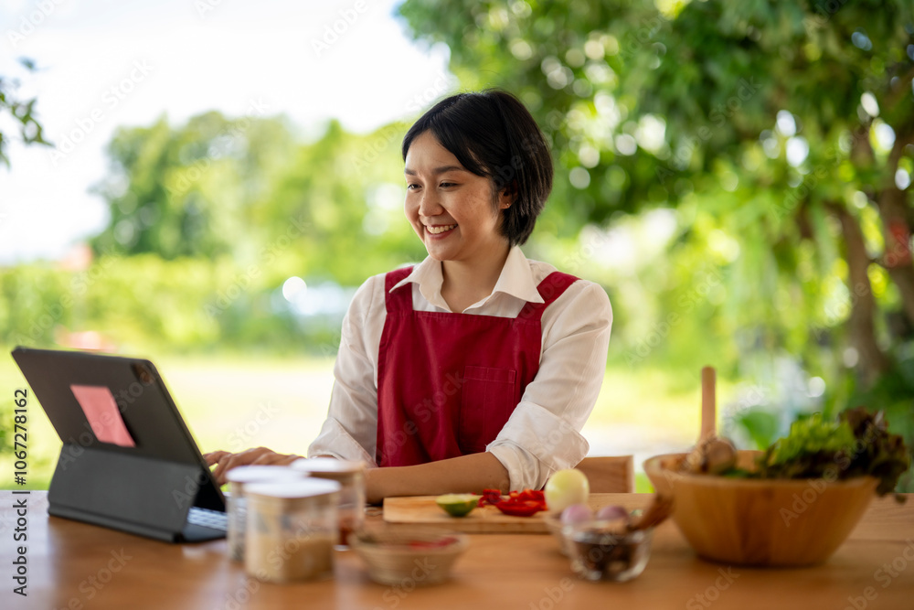 Asian chef using digital tablet while cooking in outdoor kitchen Asian chef using digital tablet while cooking in outdoor kitchen