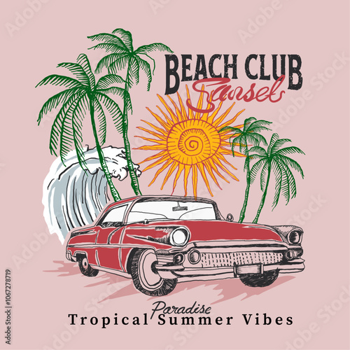 hand drawn beach print design. hand drawn palm tree with big waves sunset print design. beach club in the sunset design. tropical summer paradise. spring summer t shirt design. vintage retro fashion