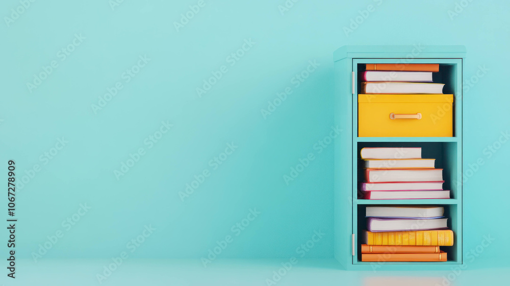 Fototapeta premium Colorful school locker with novels and bright drawer, perfect for organizing books and supplies. This vibrant setup adds cheerful touch to any study space