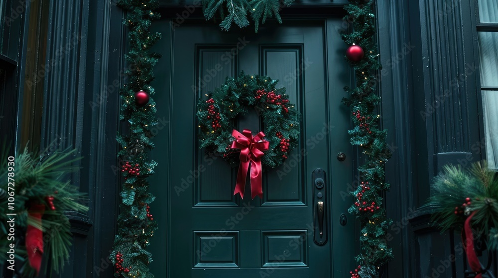 A dark green front door decorated with a Christmas wreath A dark green front door decorated with a Christmas wreath