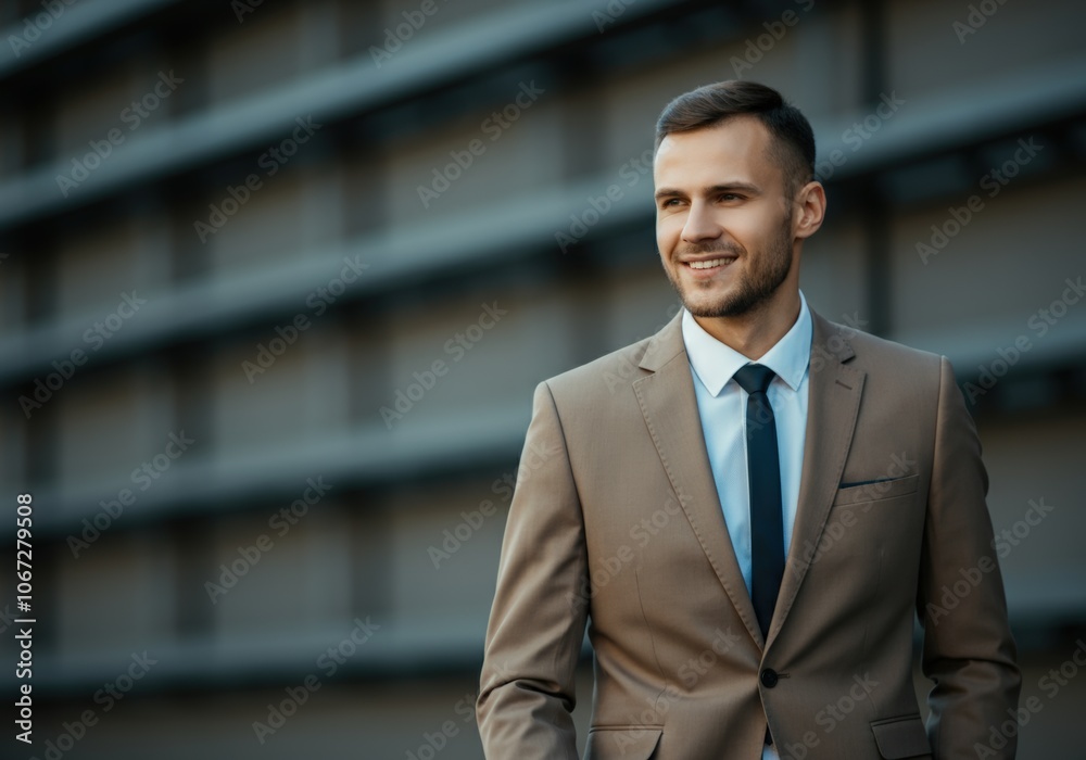 Fototapeta premium Successful man with a winning smile, dressed in a suit, standing in a modern city.