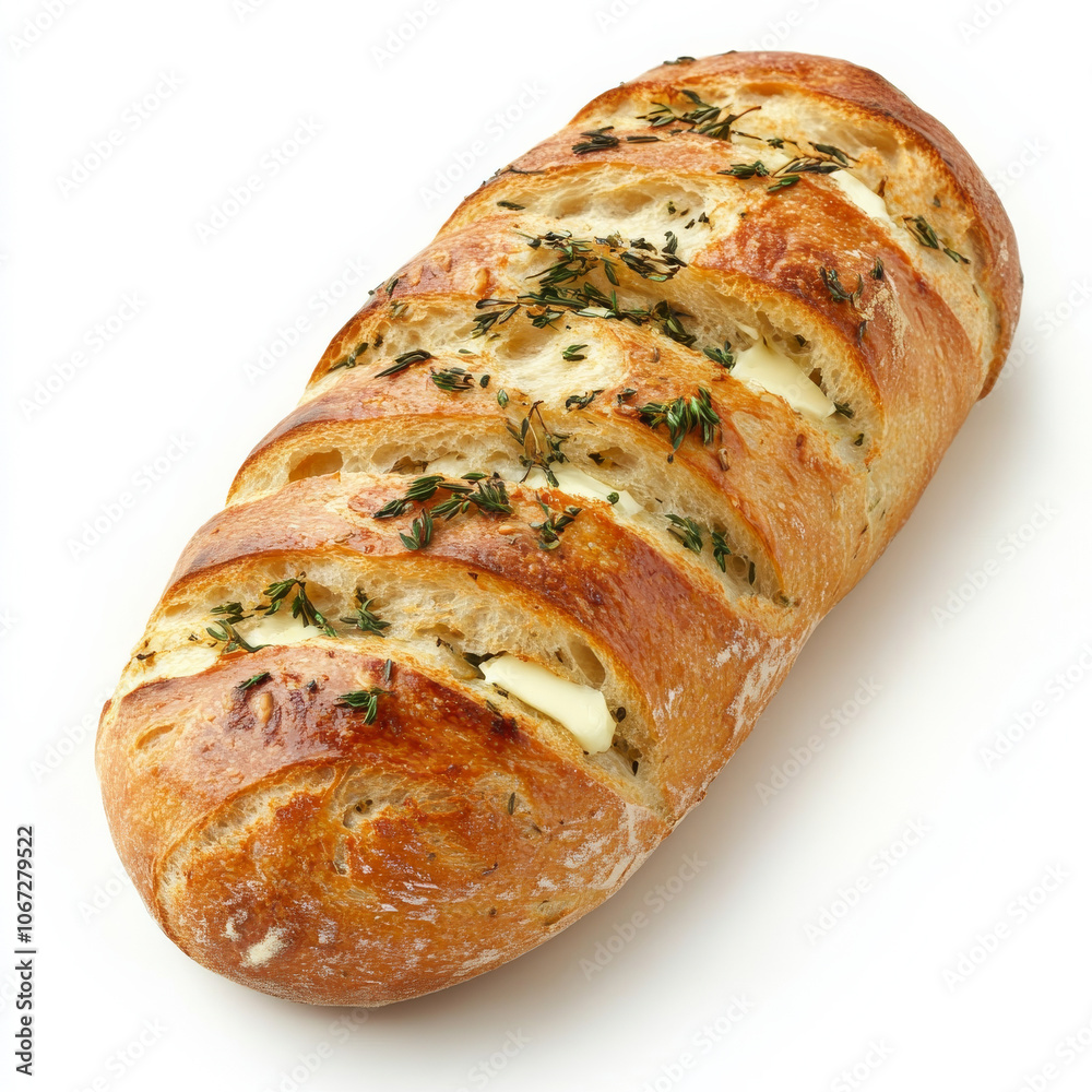 A fresh loaf of garlic bread with herbs and butter, isolated on a white background, emphasizing its golden crust and aroma