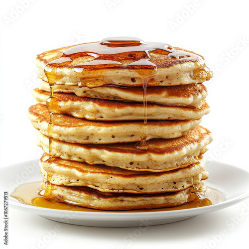 A stack of fluffy pancakes with maple syrup, isolated on a white background, emphasizing a sweet breakfast treat