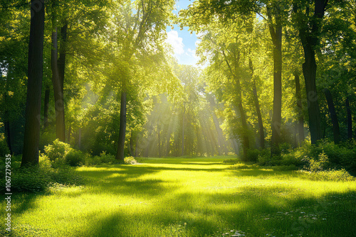 A Sunlit Meadow With Vibrant Green Grass in the Woods During a Clear Day