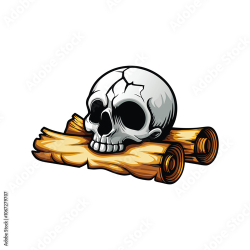 A detailed vector illustration of a cracked human skull resting on an ancient, weathered anchor. The skull should have intricate details and realistic cracks.